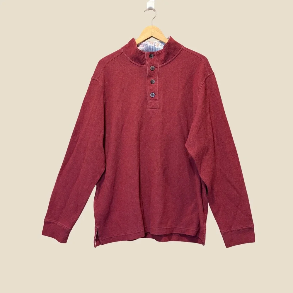 Tommy Bahama Pullover Mens XL Red Quarter Button Knit Sweatshirt Coastal Casual